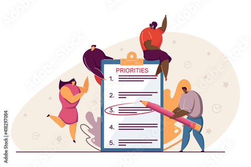 Tiny business people making priority list. Team prioritizing tasks in checklist, marking importance. Vector illustration for planning, agenda, efficiency, progress concept