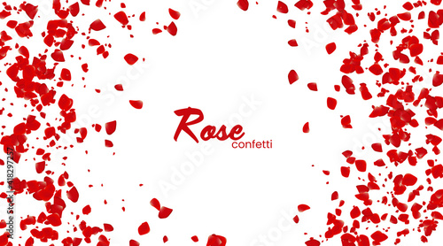 The Rose confetti on a white background. The Red flowers blossom. The Romantic creative composition. The Love concept.
