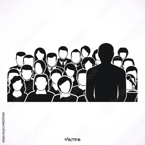 orator speaking from tribune. public speaker and crowd. vector illustration in flat style