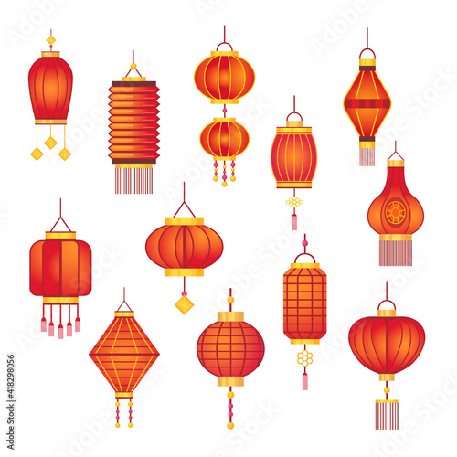 Red Chinese lamps set. Paper traditional Asian festive lanterns, street new year decoration isolated on white. Vector illustrations for oriental festival, celebration, Asia concept