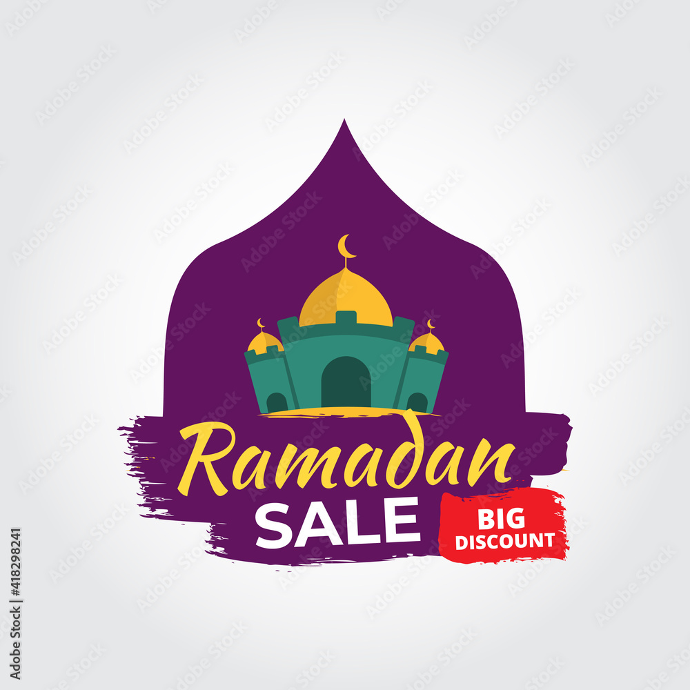 Ramadan kareem Big Sale template with  discount. Illustration vector graphic. Design concept  flat mosque with Abstract Brush Stroke. Perfect for Greeting Card,  Sticker, Poster, Banner