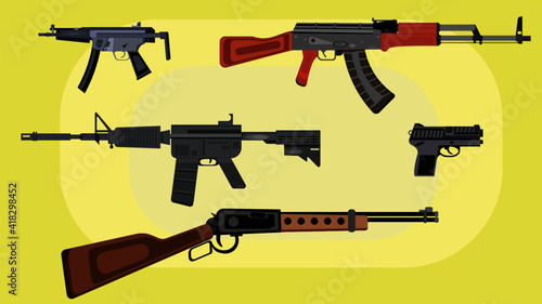 Guns: automatic weapon, rifles, machine gun and pistol.