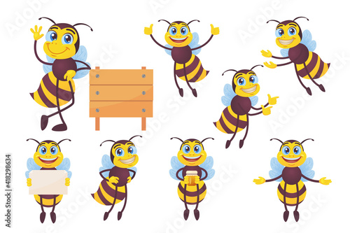 Happy bee set. Funny mascot character, bumblebee flying, carrying honey, waving hello at hive isolated on white. Vector illustrations for beekeeping, honey production, cartoon character concept