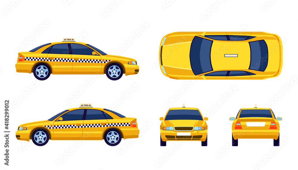 Different views of taxi yellow car flat collection for web design. Cartoon cab view from side, front, back and top isolated vector illustrations. Transportation and travel concept