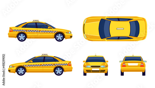 Different views of taxi yellow car flat collection for web design. Cartoon cab view from side, front, back and top isolated vector illustrations. Transportation and travel concept