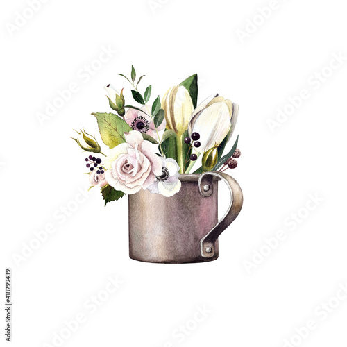 Watercolor flowers. Roses, tulips. Spring flowers in a cup. Watercolor illustration