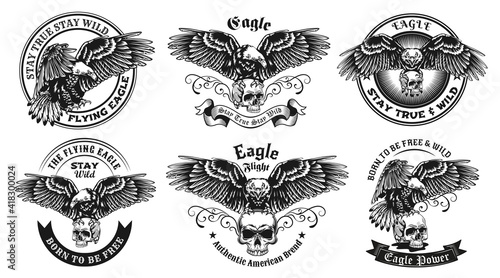Monochrome labels with eagle and skull vector illustration set. Retro emblems with flying predator bird with human skull. Wildlife and animals concept can be used for retro template