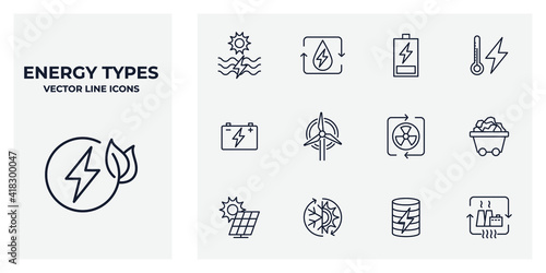 Set of Energy Types icon. Hydroelectric Power Station, Solar Cells and more. Energy Types pack symbol template for graphic and web design collection logo vector illustration