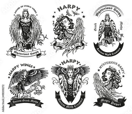 Black label designs with harpy vector illustration set. Vintage badges with pretty bird woman. Mythology and fantastic creatures concept can be used for retro template, banner or poster