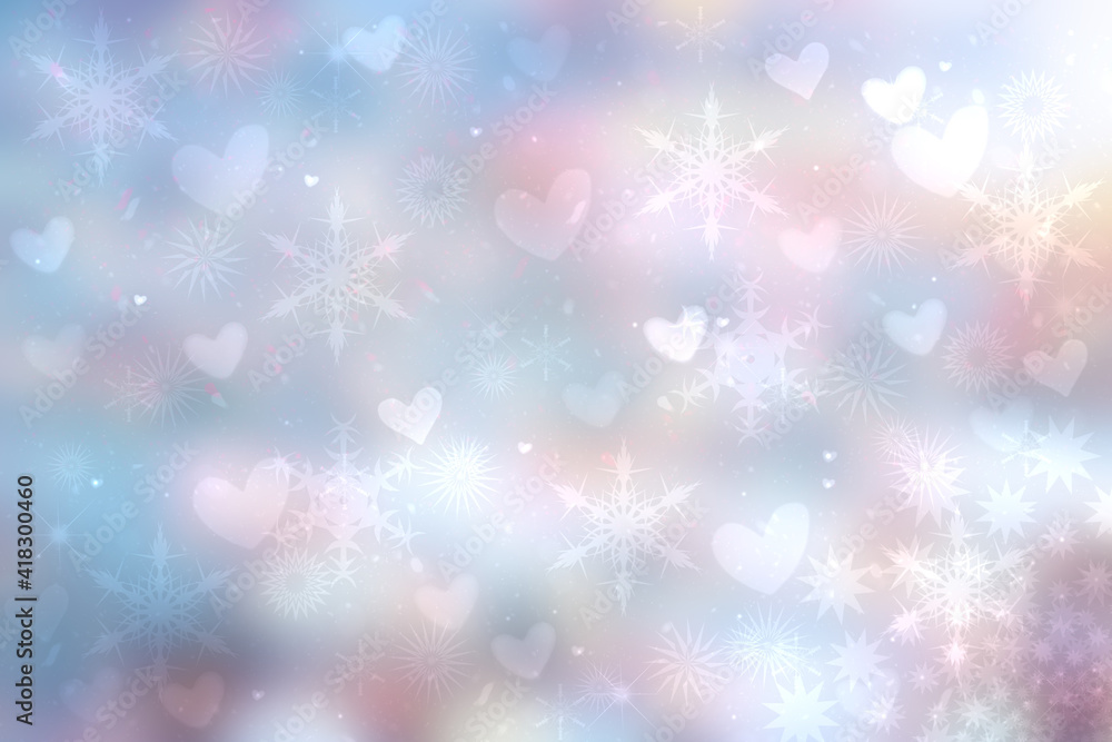 Abstract festive blur bright pink pastel background texture with white pink hearts love bokeh and stars for valentine or wedding card. Space for design. Card concept.