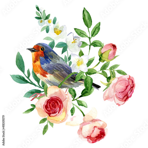 Bild auf Leinwand blossom garden flowers and birds. floral banner prety design