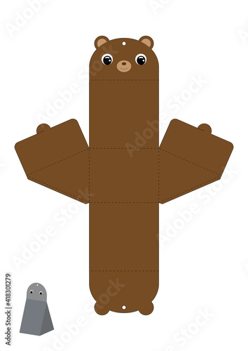 Party favor box bear design for sweets, candies, presents. Packaging die cut template, great for any purposes, birthdays, baby showers. Editable blueprint layout with cutting and scoring lines.