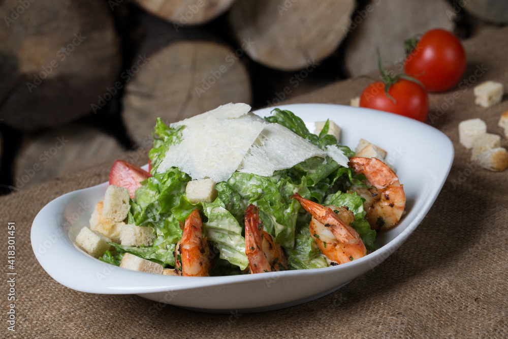 Caesar with fried shrimps in restaurant Caesar with fried shrimps in restaurant
