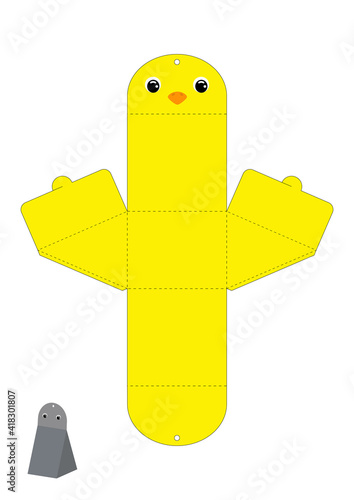 Party favor box chick design for sweets, candies, presents. Packaging die cut template, great for any purposes, birthdays, baby showers. Editable blueprint layout with cutting and scoring lines.