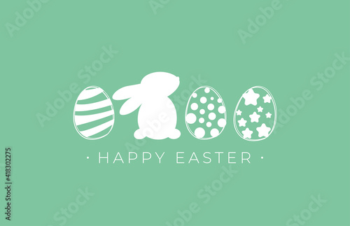 Happy Easter greeting card with easter eggs and easter rabbit. Minimalist vector design with happy easter text