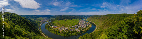 Moselle loop near Bruttig-Fankel and the wine village of Ernst. Panoramic view of the Moselle vineyards, Germany..Created from several images to create a panorama image. photo