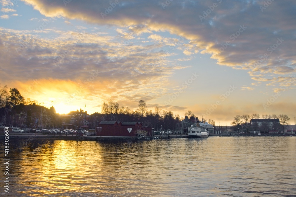 A marina on Lake Storsjön in Östersund at sunrise in November
