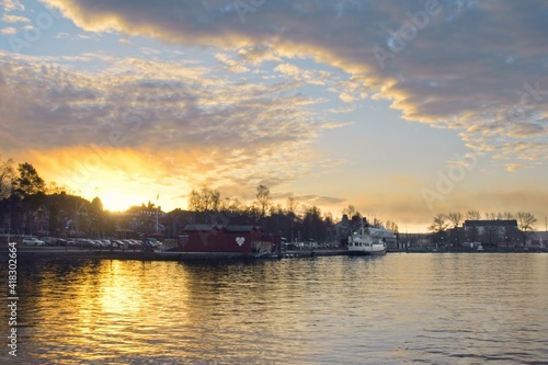 A marina on Lake Storsjön in Östersund at sunrise in November