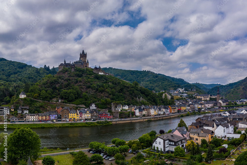 Panorama of Cochem with the Reichsburg Cochem, Germany. Drone photography.