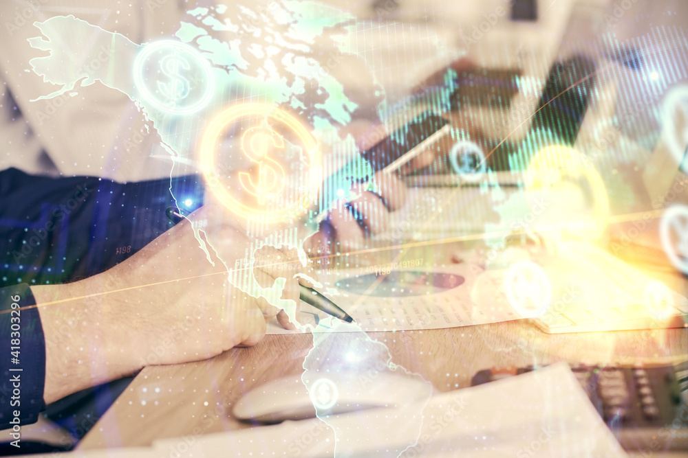 Double exposure of man's hands holding and using a digital device and forex graph drawing. Financial market concept. Double exposure of man's hands holding and using a digital device and forex graph drawing. Financial market concept.
