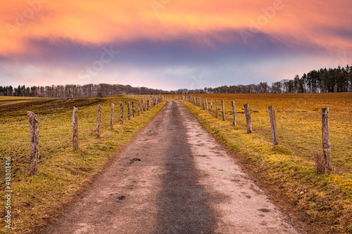 Rural road with wooden fence leading thru farmland into a forest with sunset above