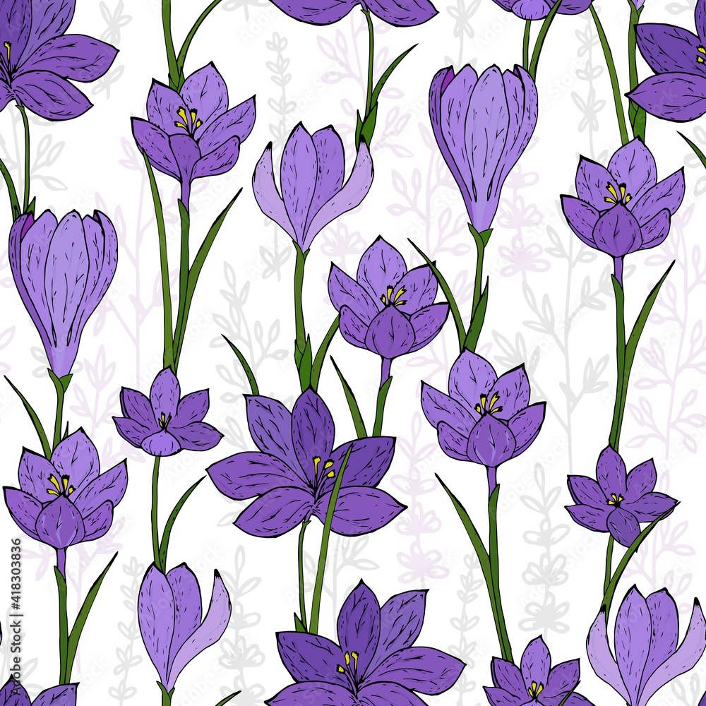 Seamless spring flowers. Colorful crocuses seamless.