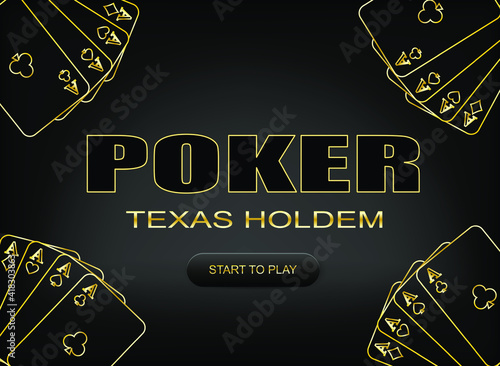 Poker Texas Holdem banner. 4 aces in gold color on a black background. Vector illustration for casino apps and websites