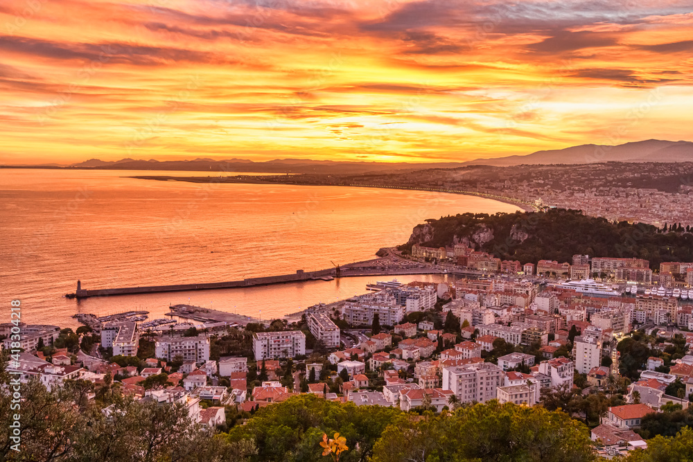 Sunset over the sea in Nice, France