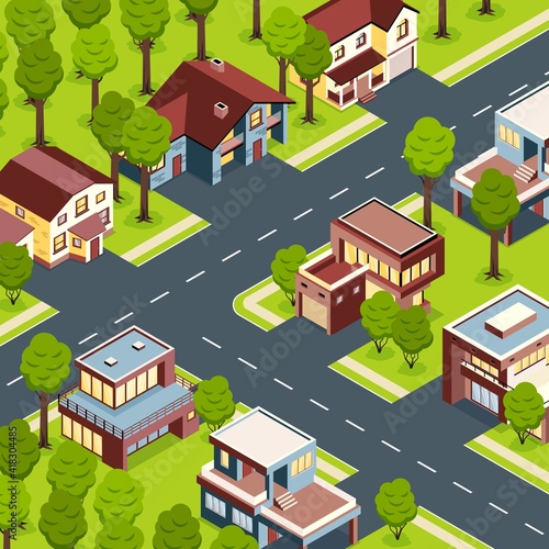 Suburban Houses Isometric Landscape