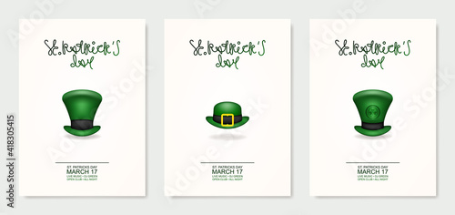 Happy St. Patrick's Day! Greeting card or invitation to a holiday or party. Curly inscription of the holiday with the attribute of the holiday. Patrick's green hat. Vector
