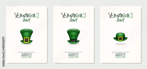 Happy St. Patrick's Day! Greeting card or invitation to a holiday or party. Curly inscription of the holiday with the attribute of the holiday. Patrick's green hat. Vector