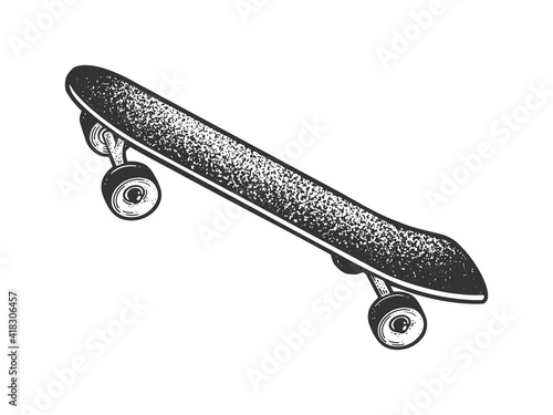 Skateboard sketch engraving vector illustration. T-shirt apparel print design. Scratch board imitation. Black and white hand drawn image.