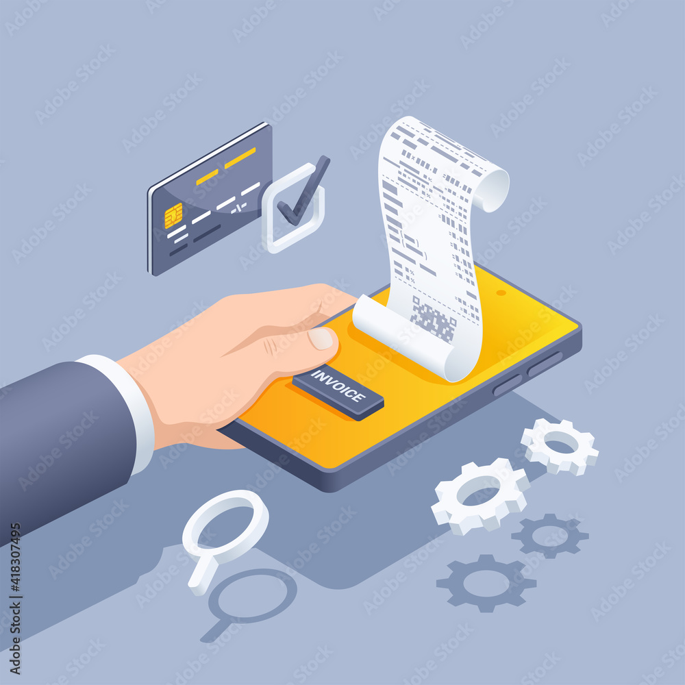 isometric vector illustration on a gray background, a man in a business suit holds a smartphone on the screen of which there is a receipt and a button with the inscription invoice isometric vector illustration on a gray background, a man in a business suit holds a smartphone on the screen of which there is a receipt and a button with the inscription invoice