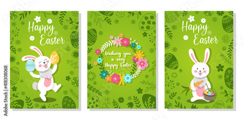 Set of Happy Easter greeting and invitation cards with draw white bunny and spring meadow green background. Vector illustration.