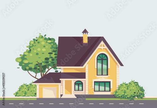 Landscape with a beige house, tree and bushes. Country house with garden and road in front of the house. Background for advertising or animation. Use to sell homes, mortgages or other property topics