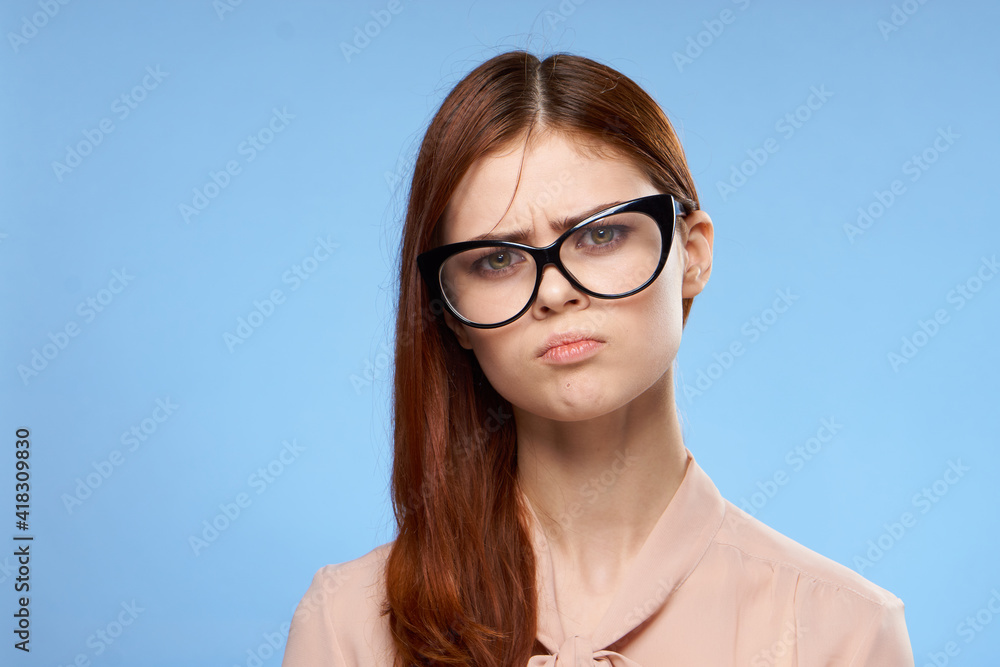 charming woman wearing glasses elegant style luxury cropped view blue background charming woman wearing glasses elegant style luxury cropped view blue background
