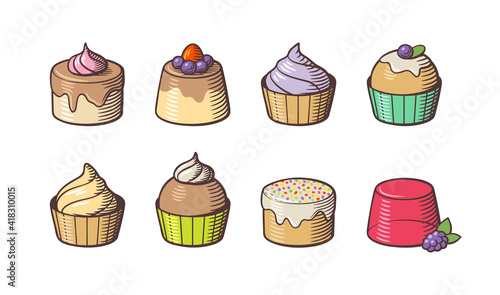 Set of 8 cakes. Sweet tasty desserts with cream, chocolate and berries. Colored retro style vector illustration, isolated on white background