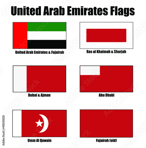 United Arab Emirates Emirate Flag Icon Set of Dubai, Abu Dhabi, Umm Al Quwain, Fujairah, Ras al Khaimah and Ajman.