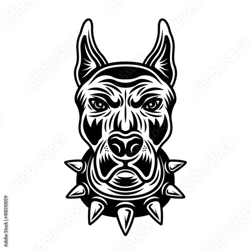 Dog head in spiked collar front view vector illustration in vintage monochrome style isolated on white background