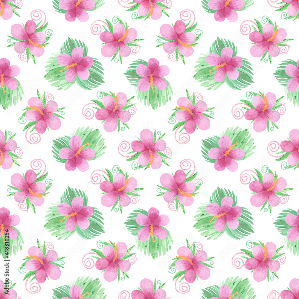 Seamless pattern funny pink hibiscus and palm leaves. Jungle plants background, tropical leaves print, watercolor illustrations Seamless pattern funny pink hibiscus and palm leaves. Jungle plants background, tropical leaves print, watercolor illustrations