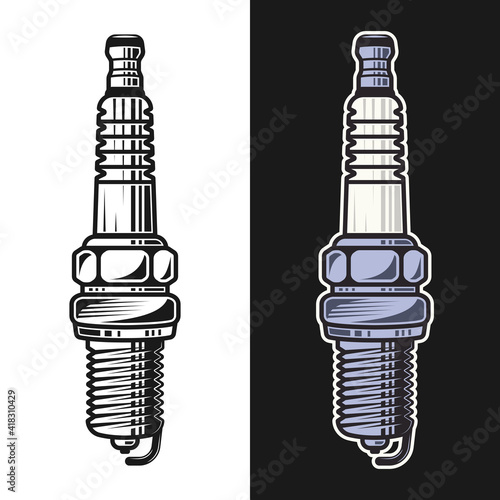 Spark plug vector objects in two styles black on white and colorful on dark background