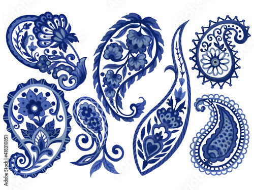 Tableau sur toile Watercolor Illustration modern outline paisley eastern mandala folk henna tattoo