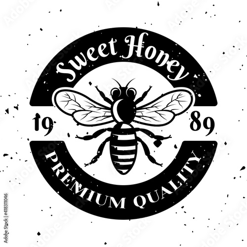 Sweet honey vector emblem, badge, label or logo in monochrome style isolated on white background
