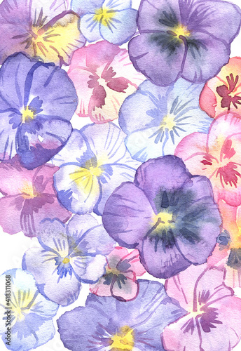 Watercolor card design with hand-painted pansies.