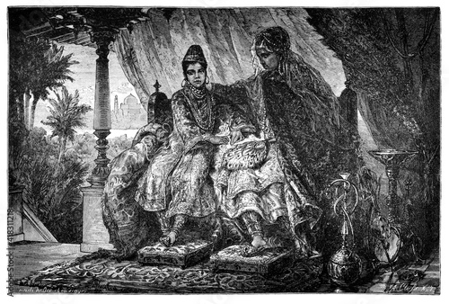 Tableau sur toile Aristocratic noblewoman begum from Bhopal, India with daughter