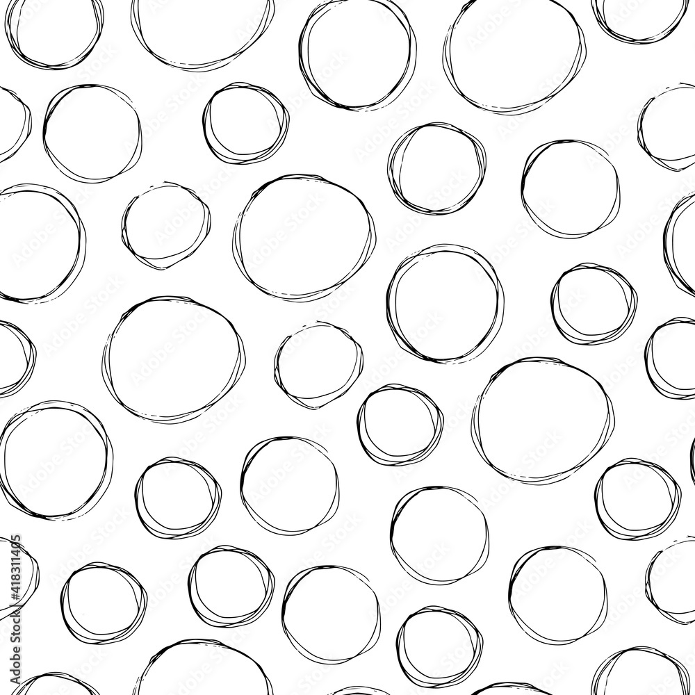 Hand drawn modern doodle seamless pattern. Black grunge circles on white background
