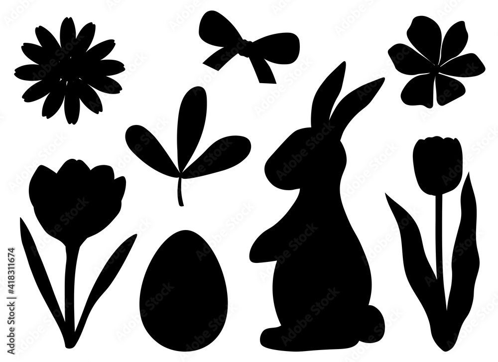 Easter bunny silhouette and flowers vector illustration	