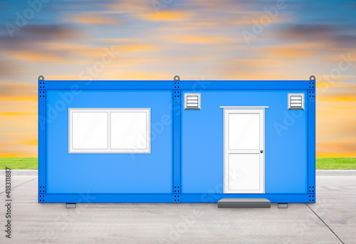 Portable office container or prefabricated modular building. That mobile workspace or temporary work area for construction site. Consist of metal box, door, window and ventilation fan. Illustration.