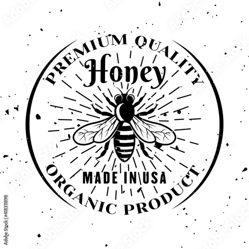 Honey bee vector emblem, badge, label or logo in monochrome style isolated on white background