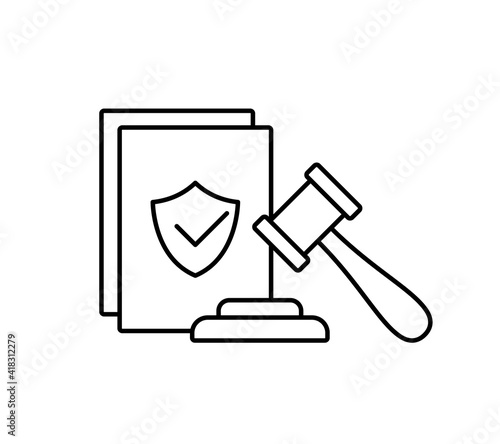 Adoption of bill. Linear icon of paper, gavel with stand. Black simple illustration of judgment, code of conduct, passing laws. Contour isolated vector pictogram on white background